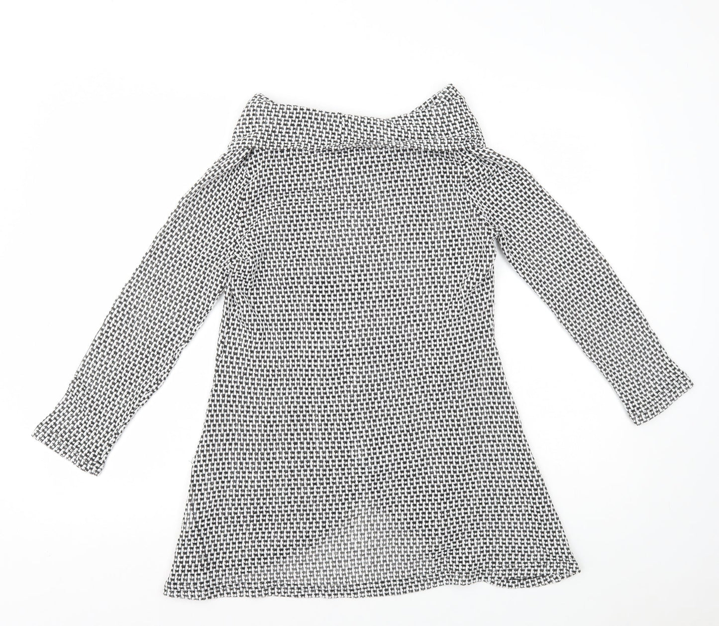 Roman Womens Black Geometric Polyester A-Line Size 10 Roll Neck Pullover - Wrap Over Front