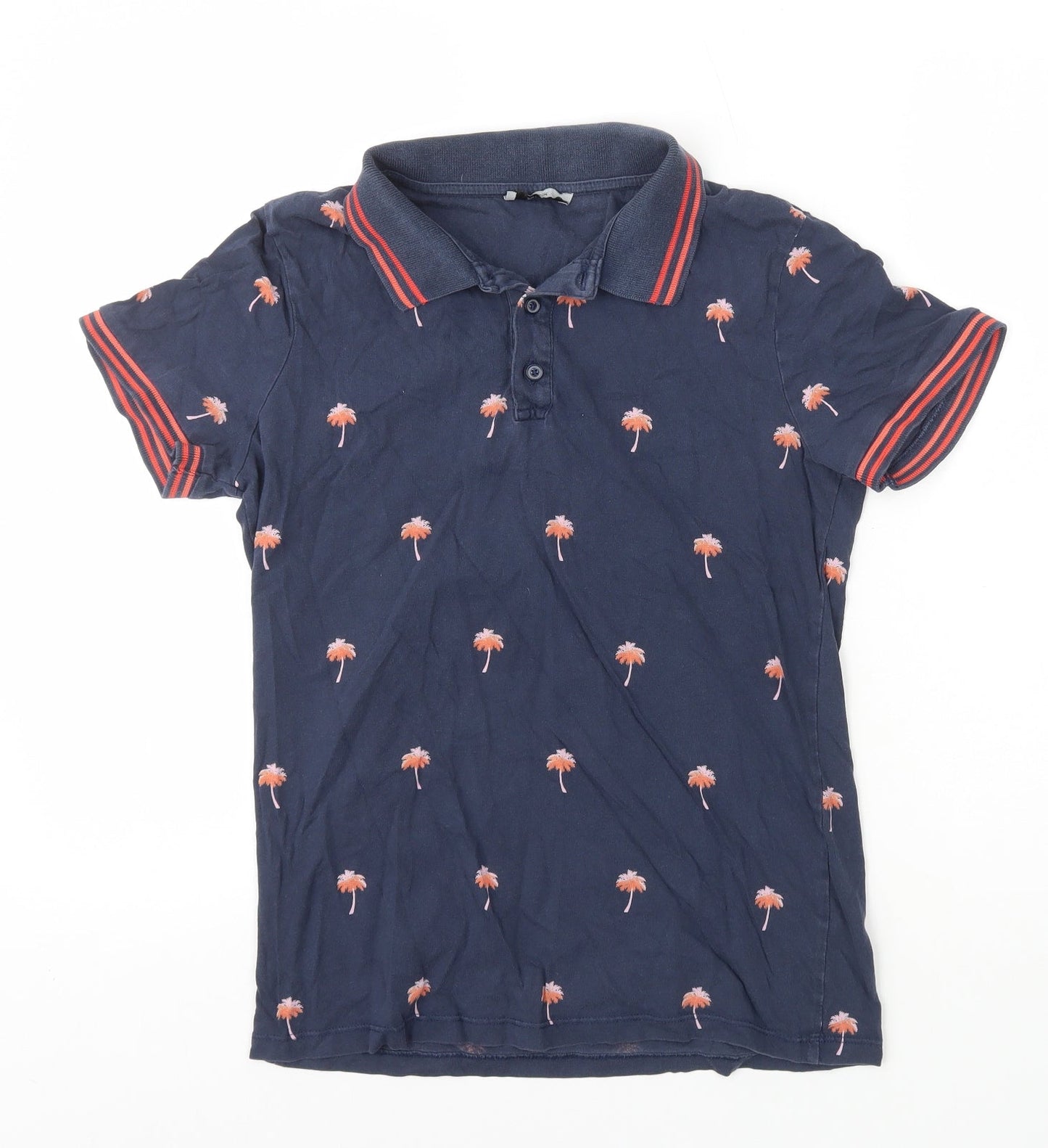TU Womens Blue Geometric 100% Cotton Basic Polo Size S Collared - Palm Trees