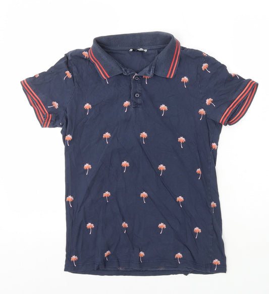 TU Womens Blue Geometric 100% Cotton Basic Polo Size S Collared - Palm Trees