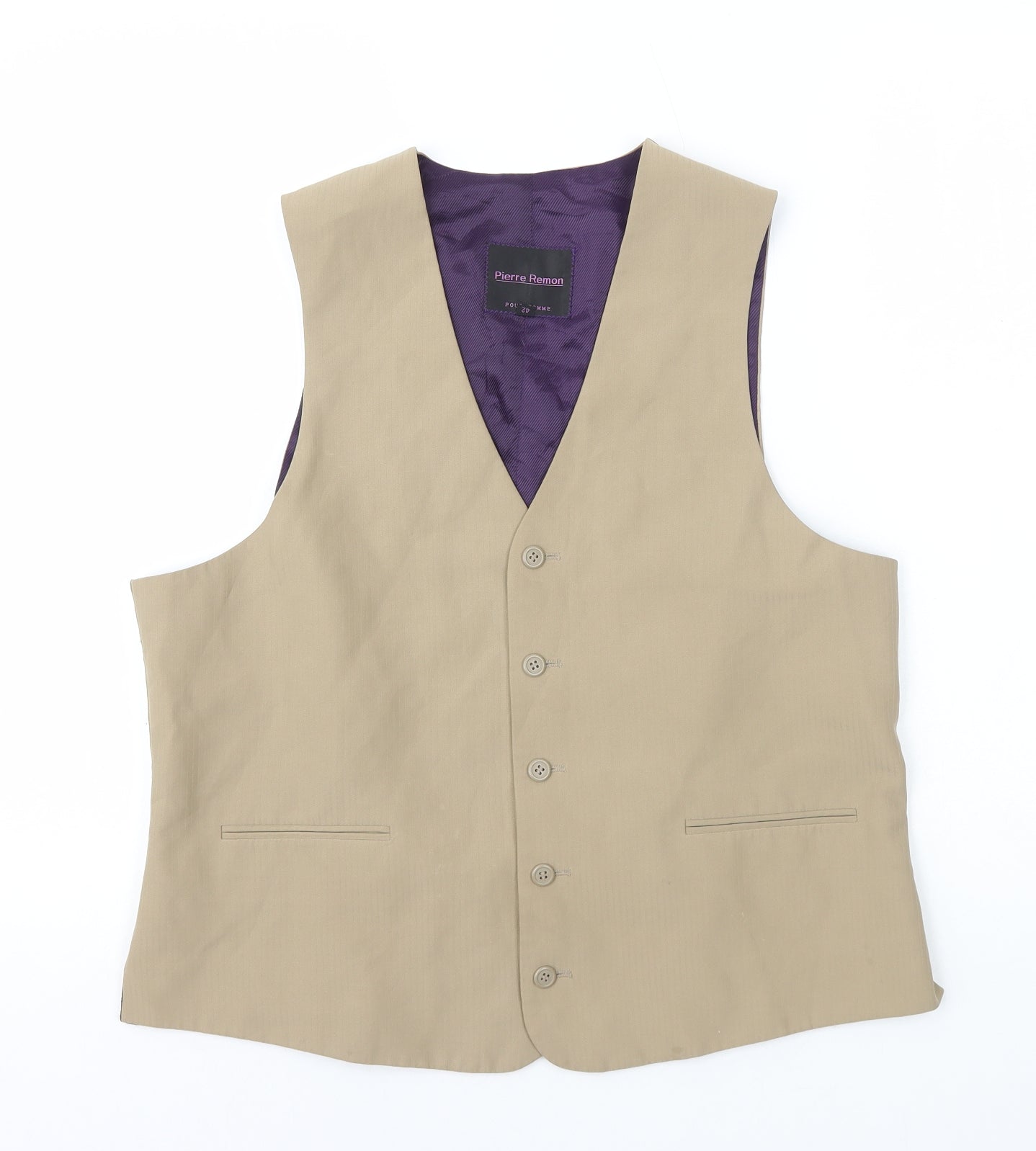Pierre Remon Mens Beige Striped Polyester Jacket Suit Waistcoat Size XL