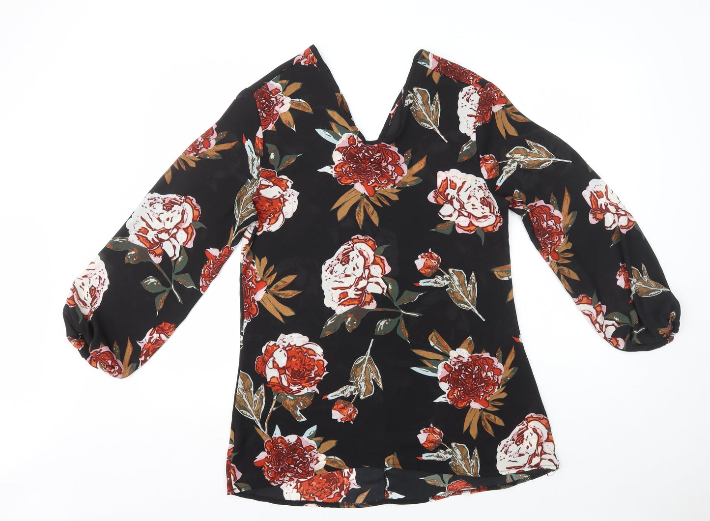 Preworn Womens Black Floral Polyester Basic Blouse Size L V-Neck - Flowers