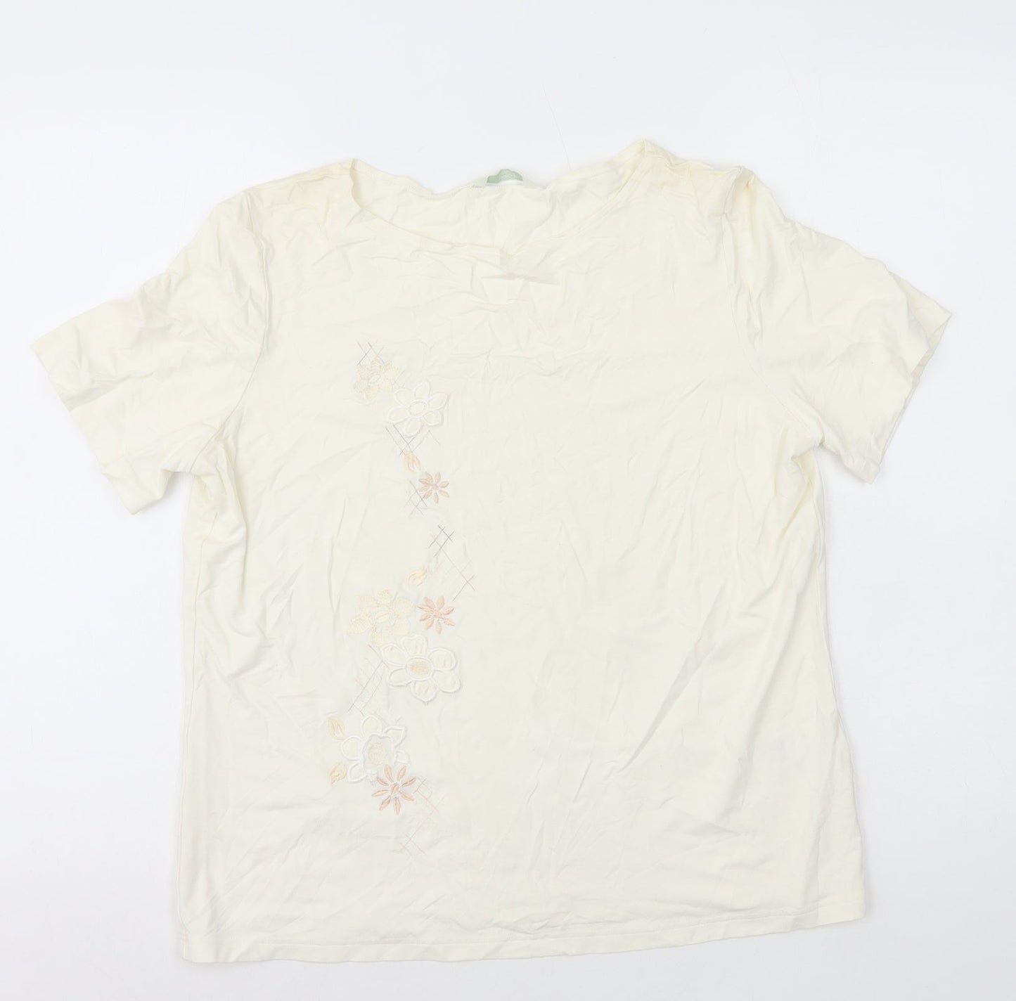 Marks and Spencer Womens White Floral Viscose Basic T-Shirt Size 16 Round Neck - Flower Embroidery