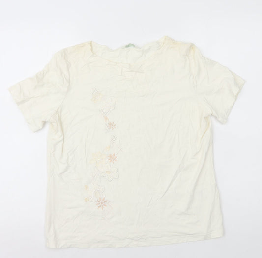 Marks and Spencer Womens White Floral Viscose Basic T-Shirt Size 16 Round Neck - Flower Embroidery