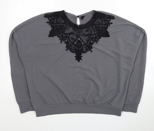 SheIn Womens Grey Geometric Polyester Pullover Sweatshirt Size L Button - Lace Detail