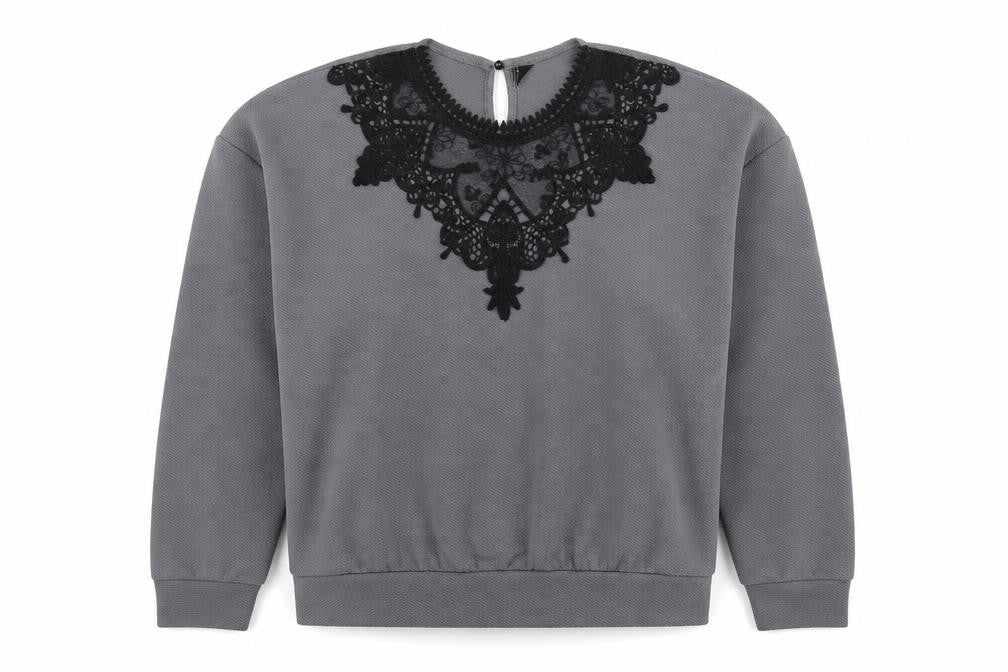 SheIn Womens Grey Geometric Polyester Pullover Sweatshirt Size L Button - Lace Detail
