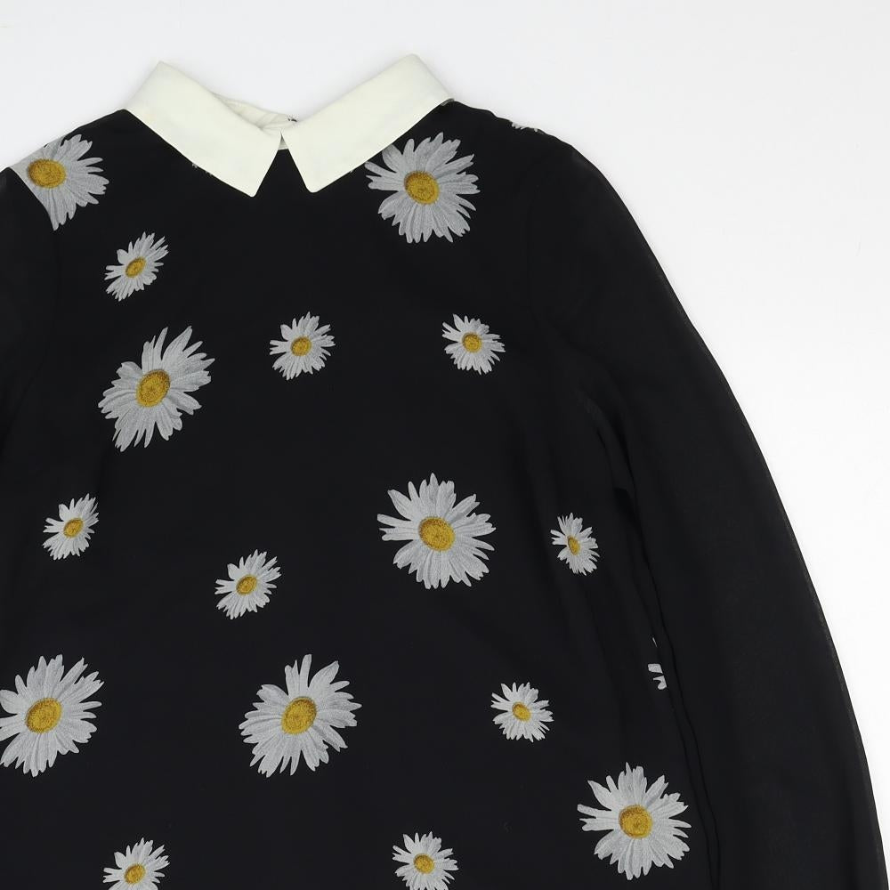 River Island Womens Black Floral Polyester Shirt Dress Size 8 Collared Zip