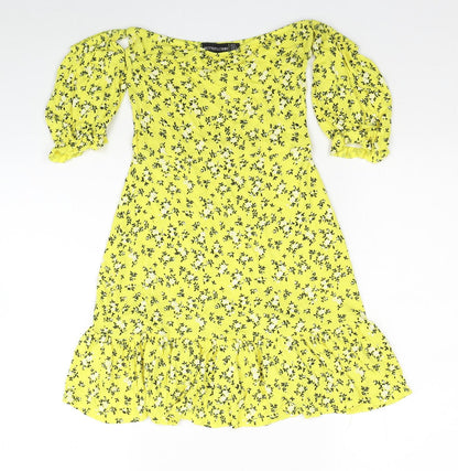 PRETTYLITTLETHING Womens Yellow Floral Viscose Mini Size 6 Off the Shoulder Pullover - Cold Shoulder