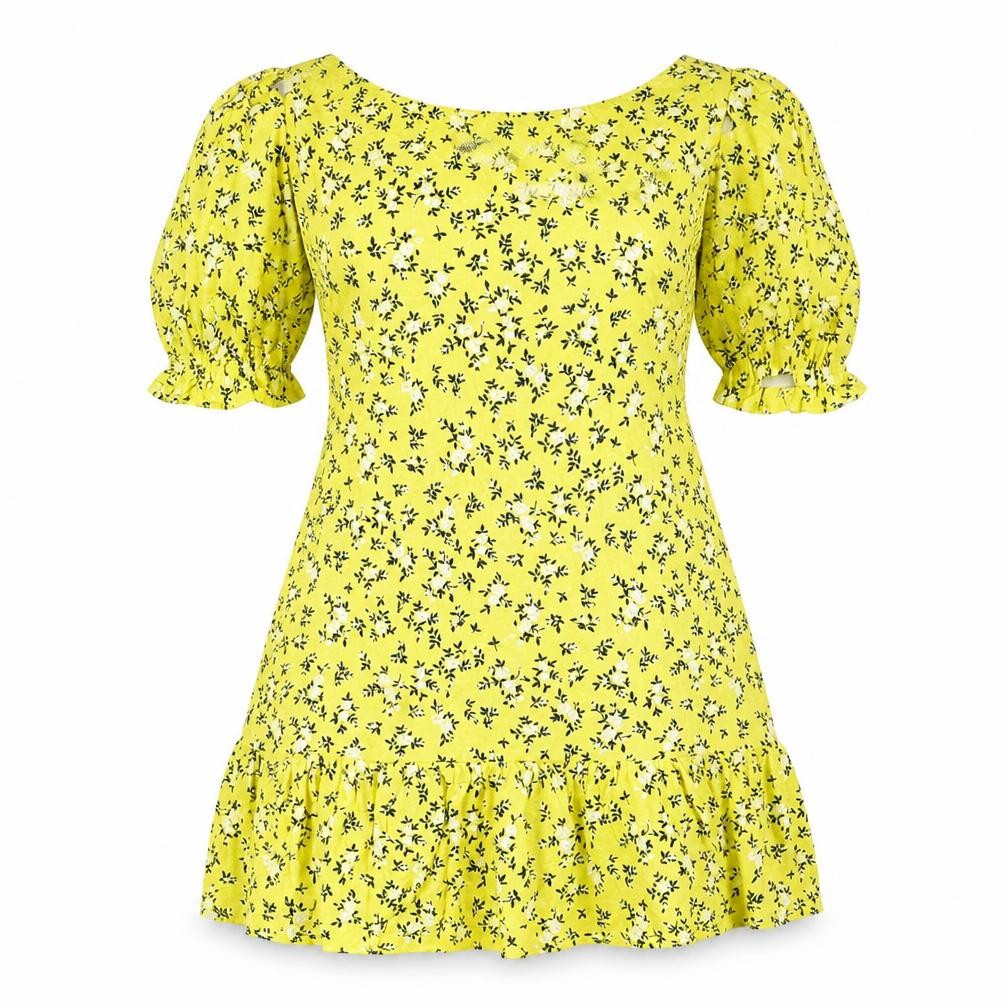 PRETTYLITTLETHING Womens Yellow Floral Viscose Mini Size 6 Off the Shoulder Pullover - Cold Shoulder
