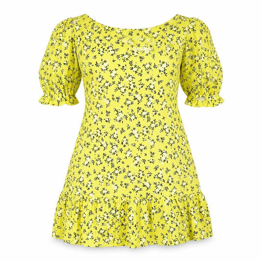 PRETTYLITTLETHING Womens Yellow Floral Viscose Mini Size 6 Off the Shoulder Pullover - Cold Shoulder