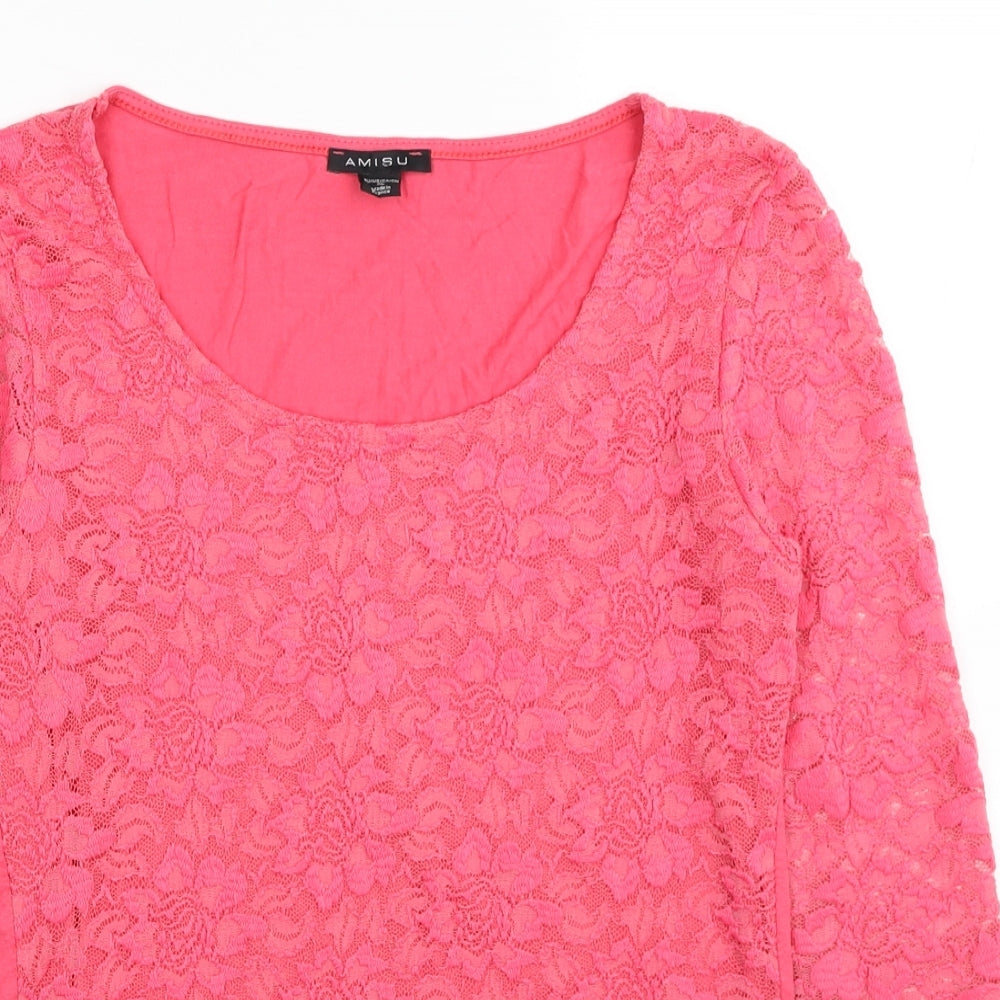 Amisu Womens Pink Floral Viscose Basic Blouse Size XL Scoop Neck