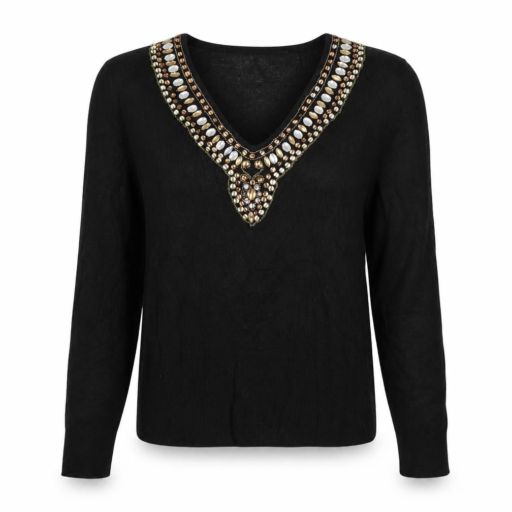 AMARANTO Womens Black V-Neck Acrylic Pullover Jumper Size 12