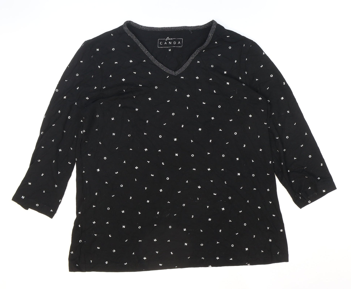 Cape Canada Womens Black Geometric Polyester Basic T-Shirt Size M V-Neck - Letters