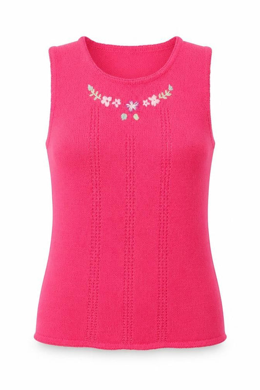 Akal Collection Womens Pink Acrylic Basic Tank Size S Round Neck - Flower Detail