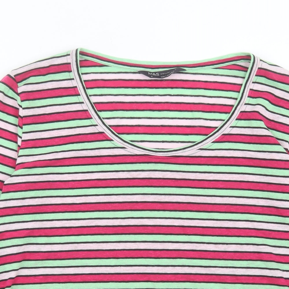 Marks and Spencer Womens Pink Striped Linen Basic T-Shirt Size 6 Scoop Neck