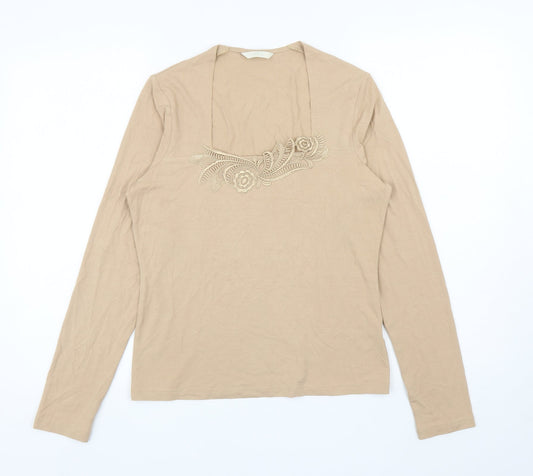Marks and Spencer Womens Beige Viscose Jersey T-Shirt Size 12 Square Neck - Flowers