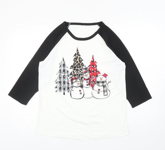 Preworn Womens White Colourblock Polyester Ringer T-Shirt Size M Round Neck - Snowmen