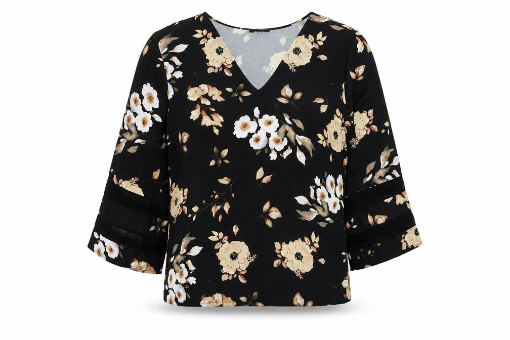 Luca Vanucci Womens Black Floral Polyester Basic Blouse Size L V-Neck