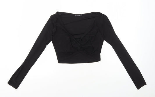 PRETTYLITTLETHING Womens Black Polyester Cropped T-Shirt Size 12 V-Neck - Twist Front