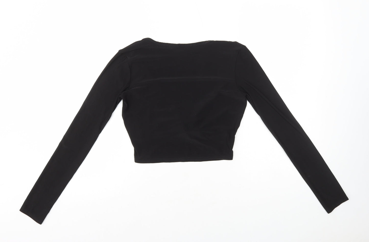 PRETTYLITTLETHING Womens Black Polyester Cropped T-Shirt Size 12 V-Neck - Twist Front
