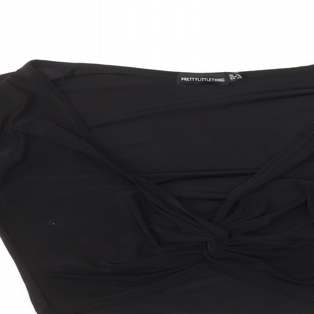 PRETTYLITTLETHING Womens Black Polyester Cropped T-Shirt Size 12 V-Neck - Twist Front