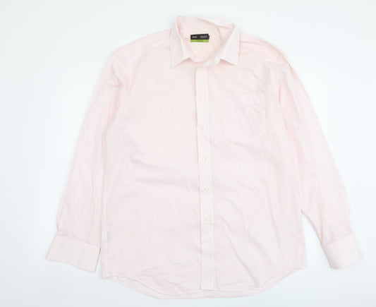 Marks and Spencer Mens Pink Striped Polyester Button-Up Size 16 Collared Button