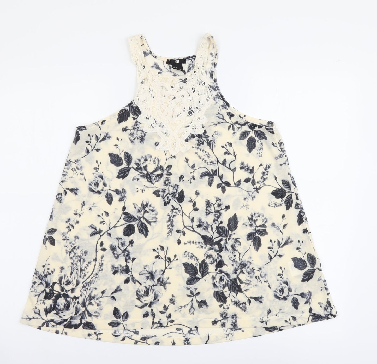 H&M Womens Beige Floral Cotton Basic Tank Size S Round Neck - Lace Neckline