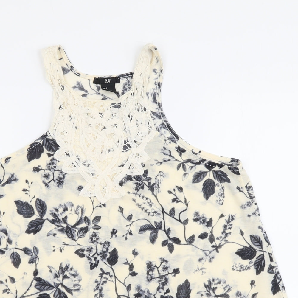 H&M Womens Beige Floral Cotton Basic Tank Size S Round Neck - Lace Neckline