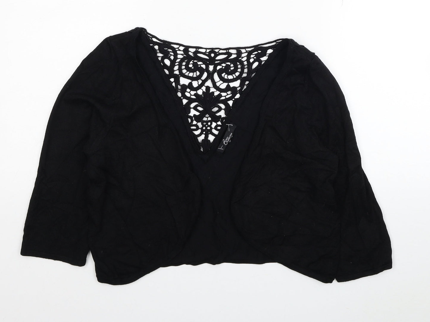 Bonmarché Womens Black Floral Viscose Cropped Blouse Size S V-Neck - Lace Detail