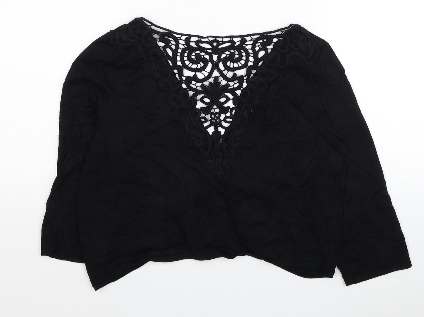 Bonmarché Womens Black Floral Viscose Cropped Blouse Size S V-Neck - Lace Detail