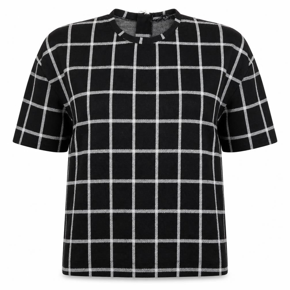 New Look Womens Black Check Polyester Jersey Blouse Size 10 Round Neck