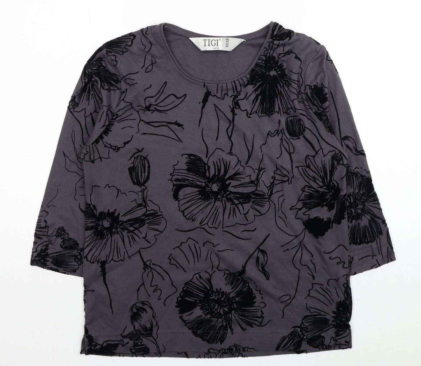 TIGI Womens Grey Floral Polyester Basic Blouse Size 14 Scoop Neck