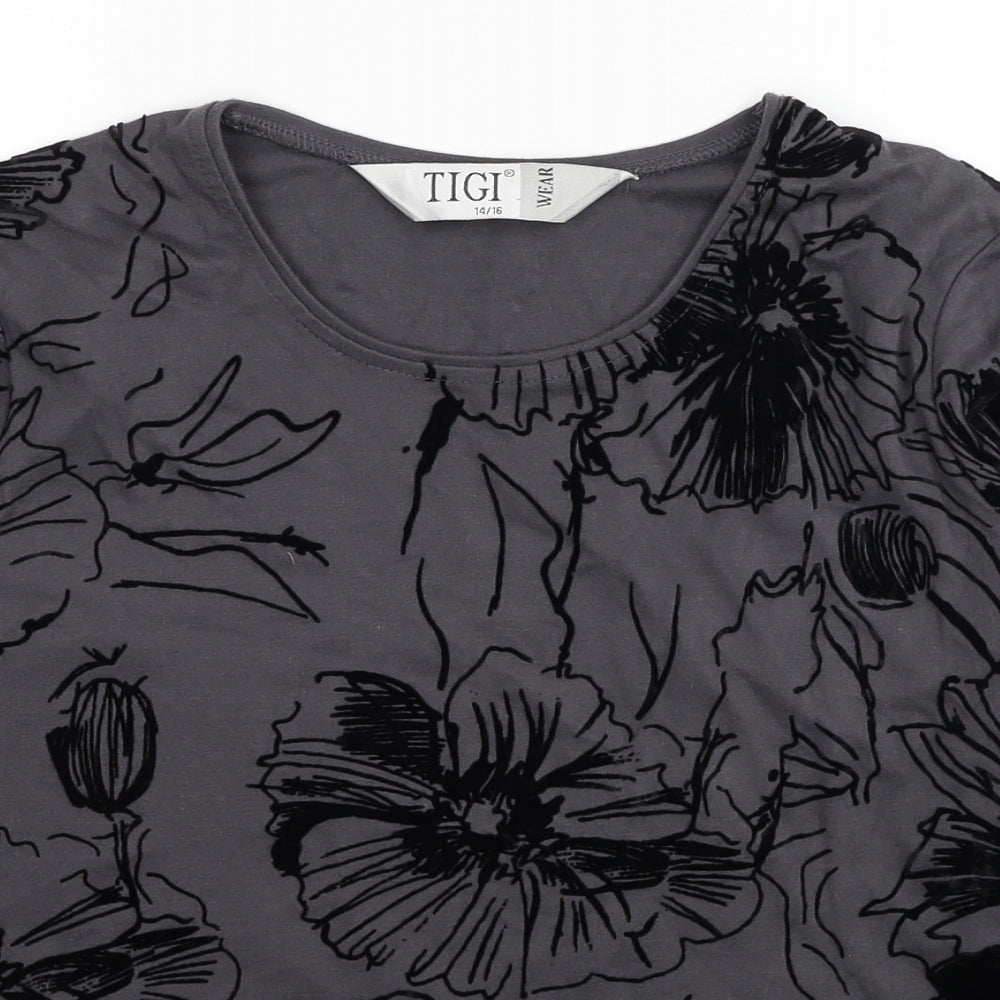 TIGI Womens Grey Floral Polyester Basic Blouse Size 14 Scoop Neck