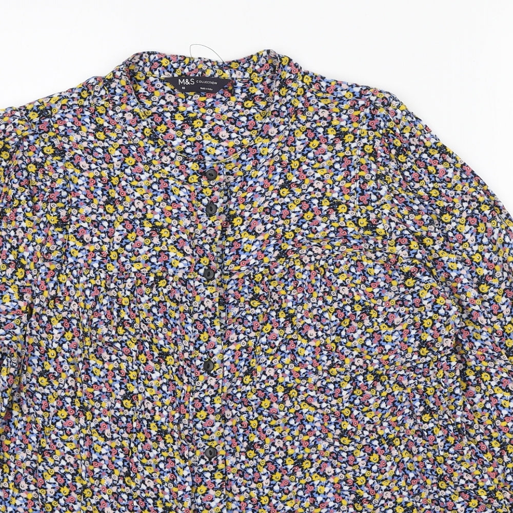 Marks and Spencer Womens Multicoloured Floral Viscose Basic Button-Up Size 10 Round Neck