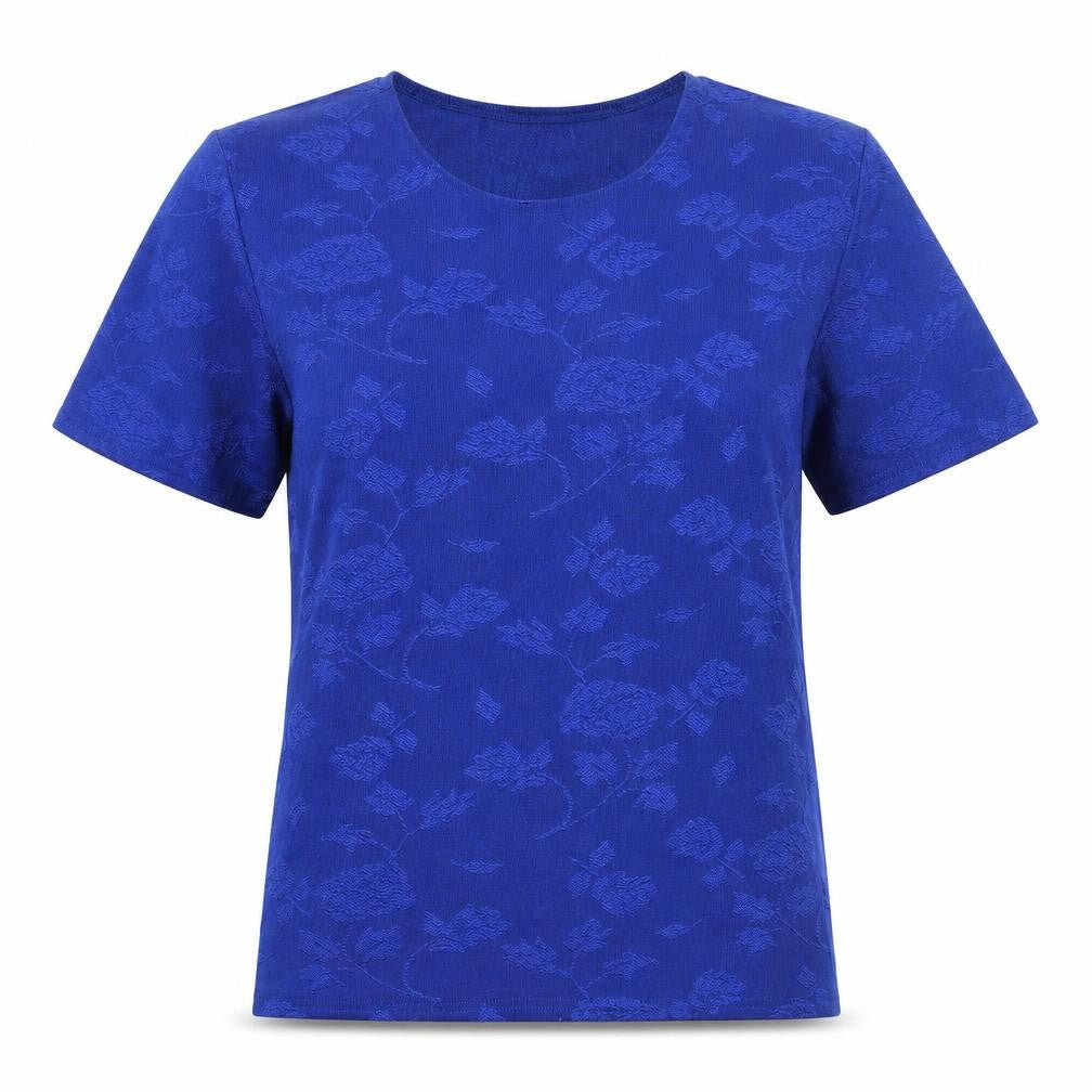 Holmewood Womens Blue Floral Polyester Basic T-Shirt Size L Round Neck