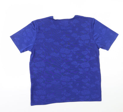 Holmewood Womens Blue Floral Polyester Basic T-Shirt Size L Round Neck