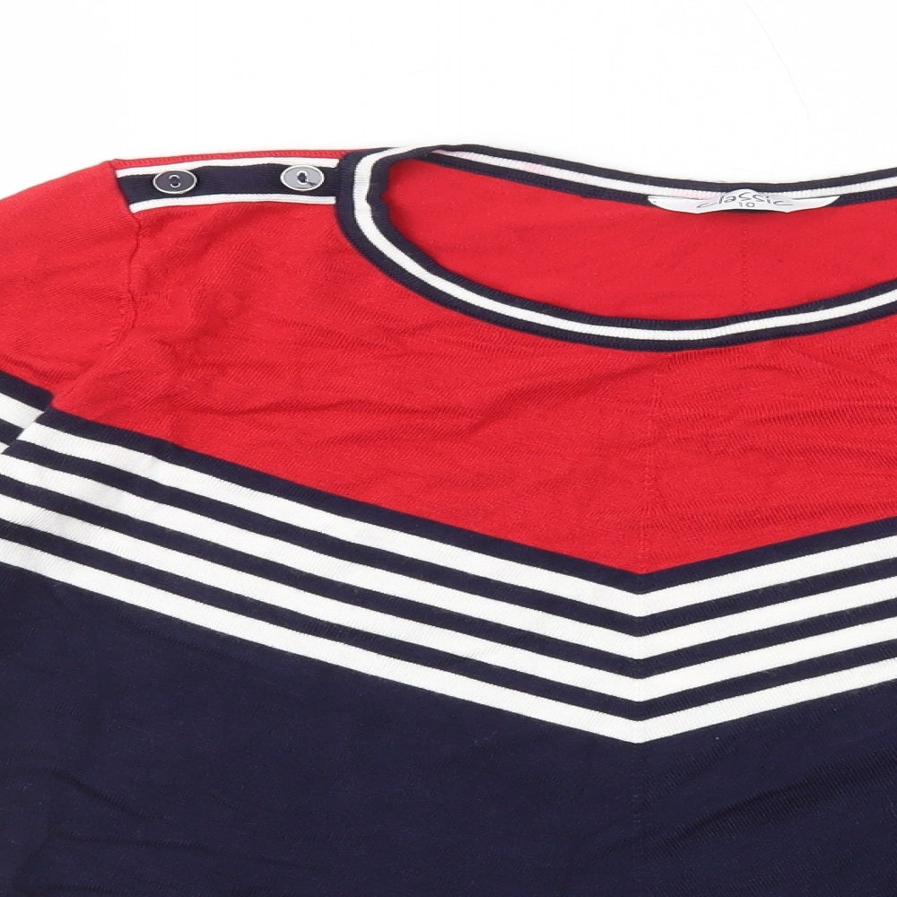 Classic Womens Blue Round Neck Striped Polyester Pullover Jumper Size 10 - Button Detail on Shoulder