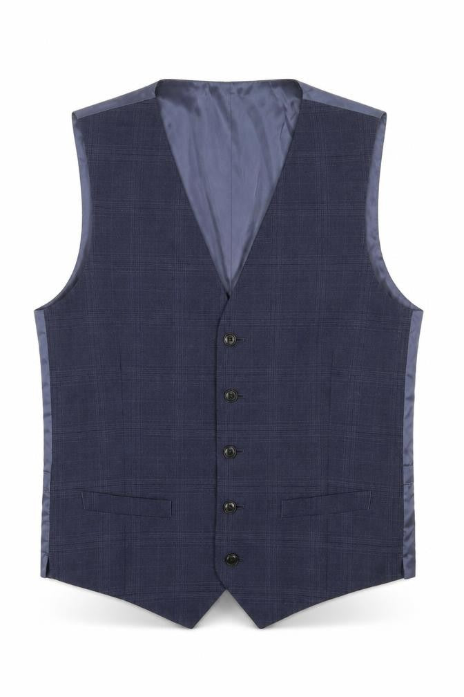 Marks & Spencer Mens Blue Plaid Wool Jacket Suit Waistcoat Size L
