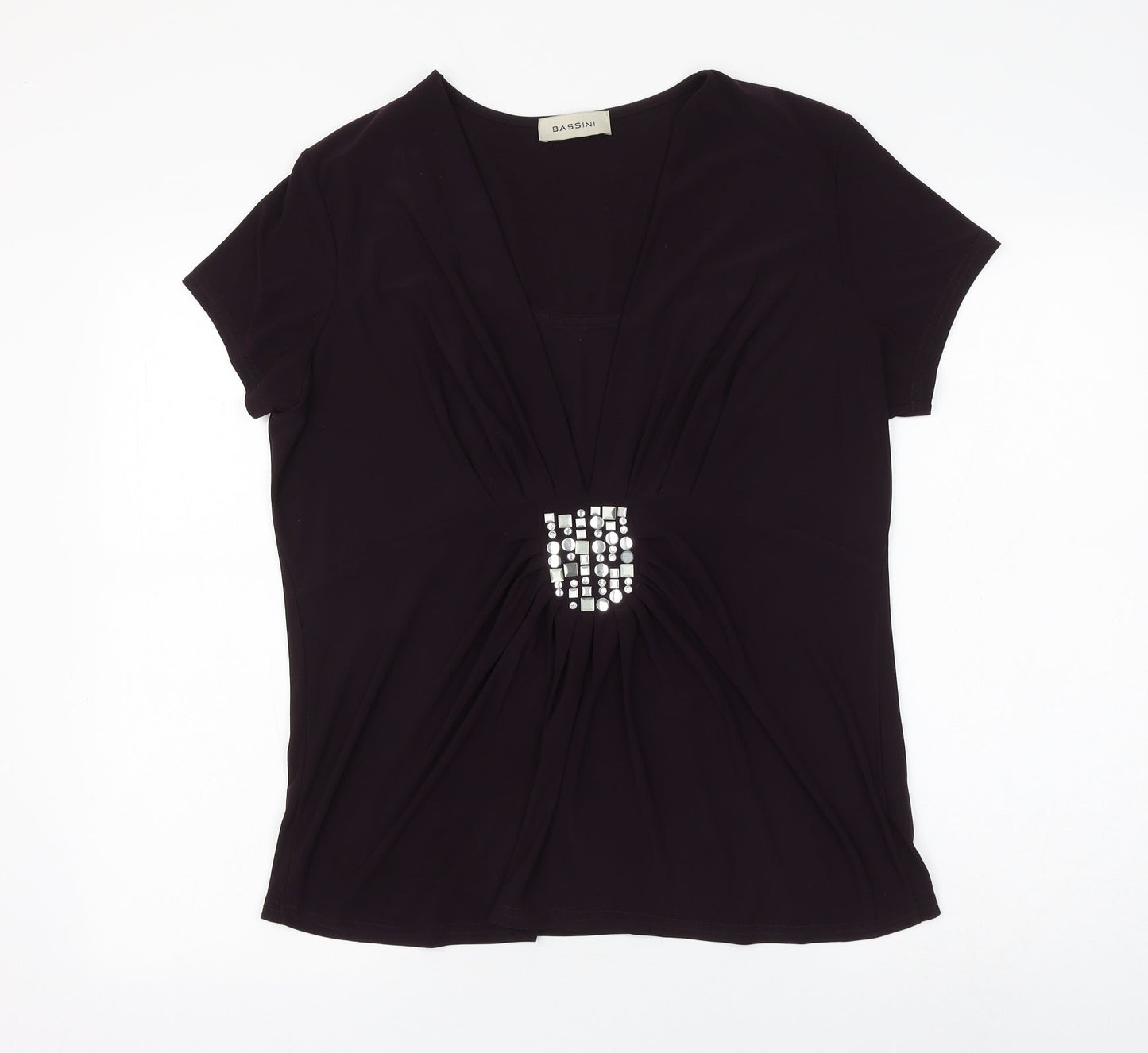 BASSINI Womens Purple Polyester Basic Blouse Size 16 V-Neck