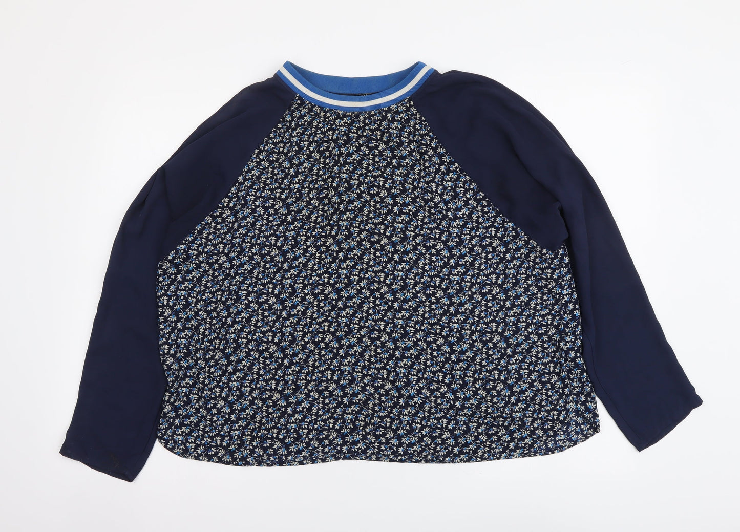 H&M Womens Blue Floral Polyester Basic Blouse Size L Round Neck