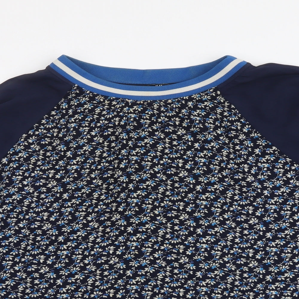 H&M Womens Blue Floral Polyester Basic Blouse Size L Round Neck