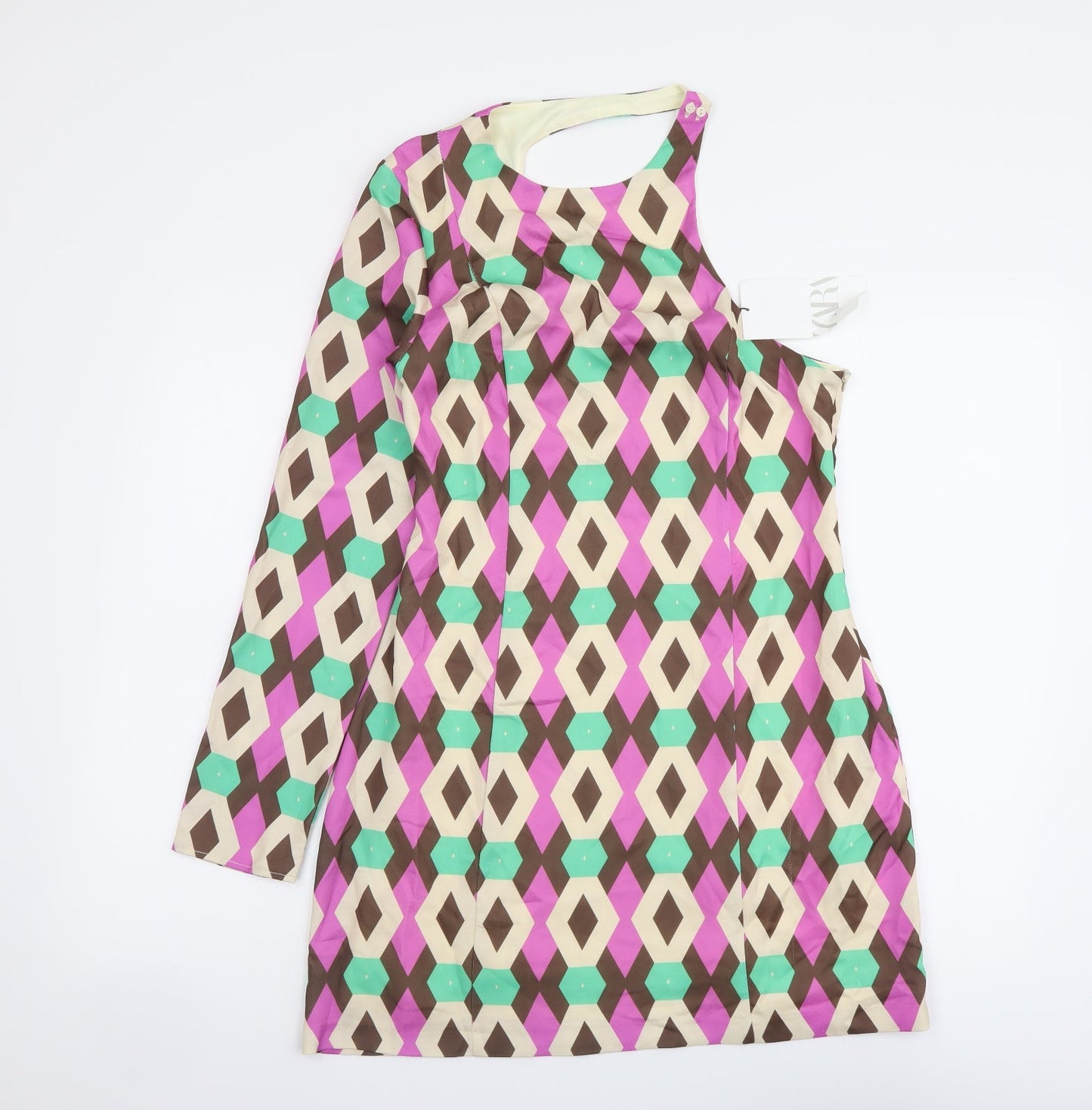 Zara Womens Multicoloured Geometric Polyester A-Line Size M One Shoulder Zip