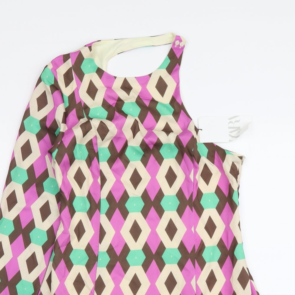 Zara Womens Multicoloured Geometric Polyester A-Line Size M One Shoulder Zip