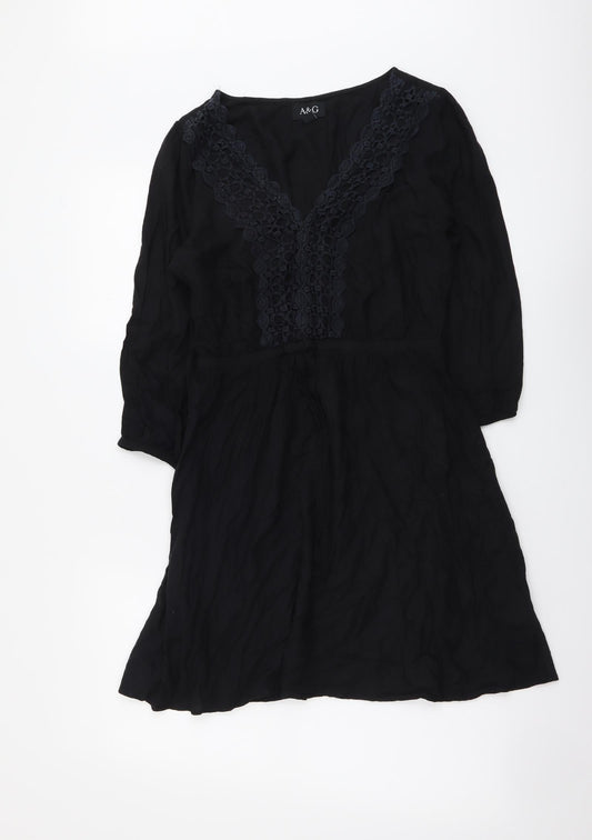 A&G Womens Black Viscose A-Line Size 8 V-Neck Pullover