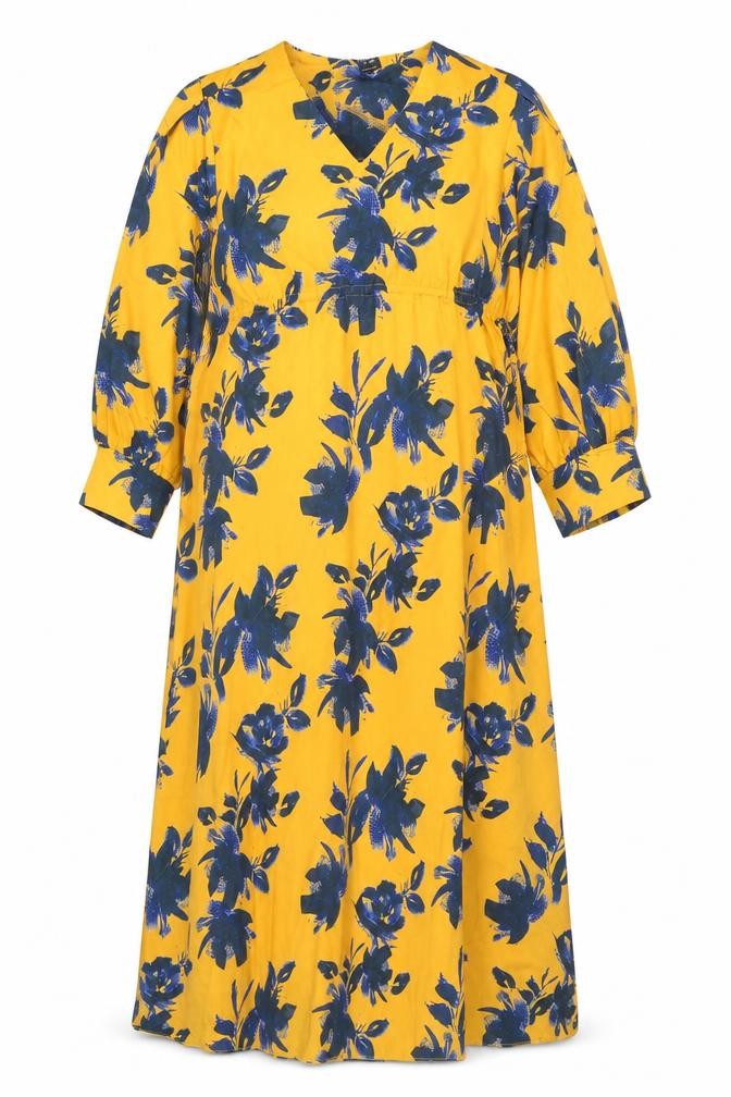 Lulusar Womens Yellow Floral Polyester Kaftan Size L V-Neck Drawstring
