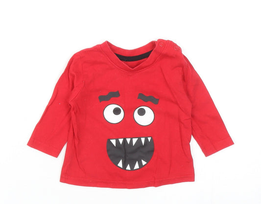 Primark Baby Red Cotton Basic T-Shirt Size 0-3 Months Round Neck Snap - Monster Face