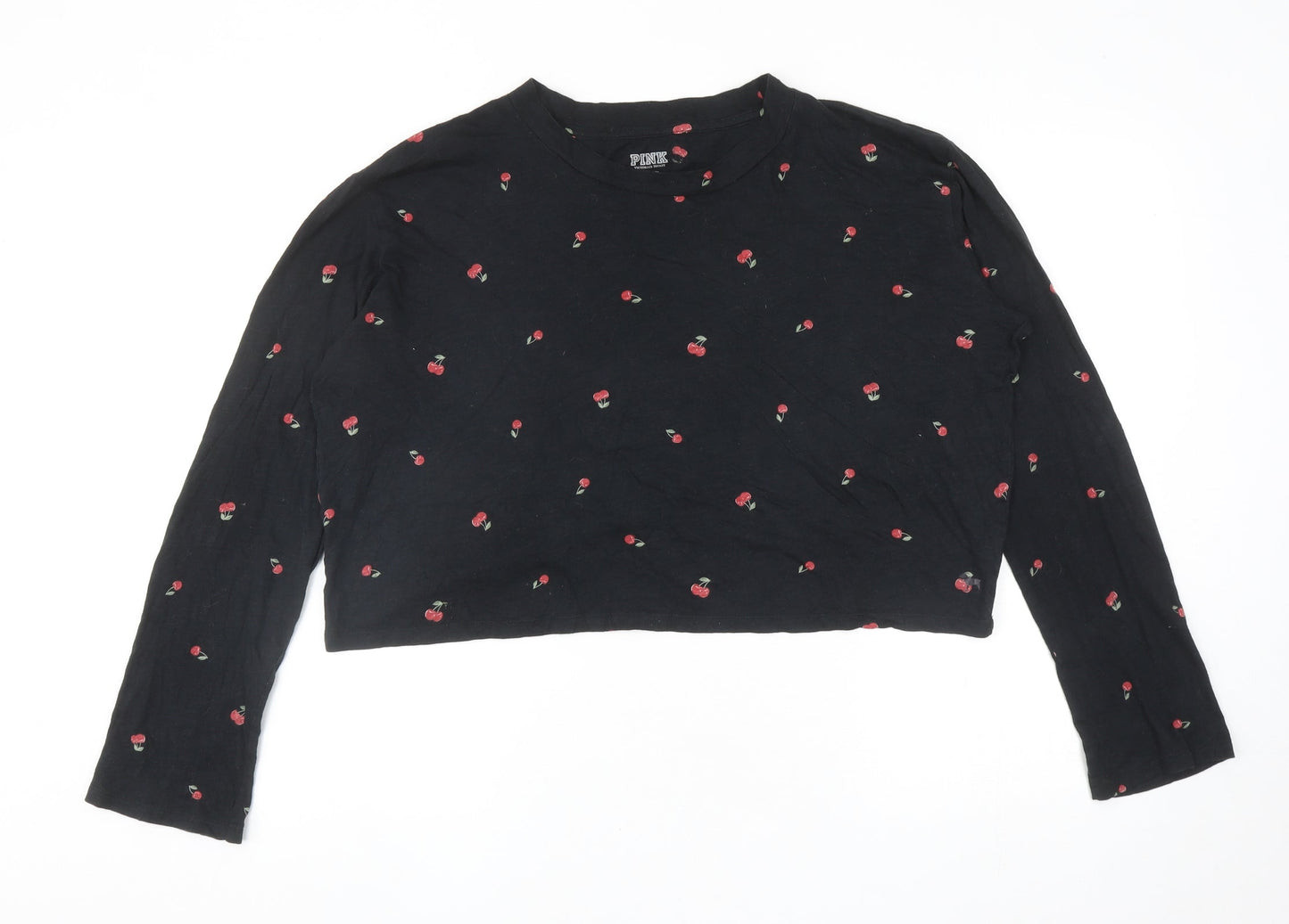 PINK Womens Black Geometric Cotton Cropped T-Shirt Size M Round Neck - Cherries