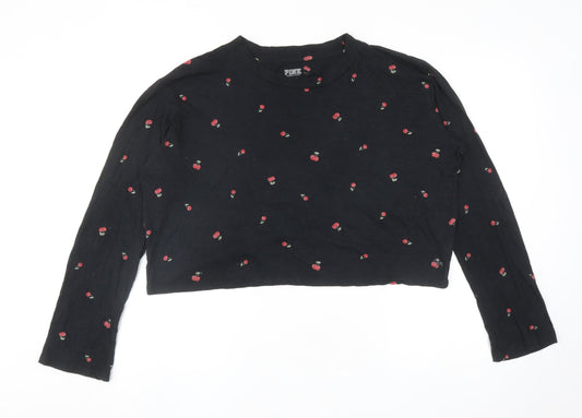 PINK Womens Black Geometric Cotton Cropped T-Shirt Size M Round Neck - Cherries