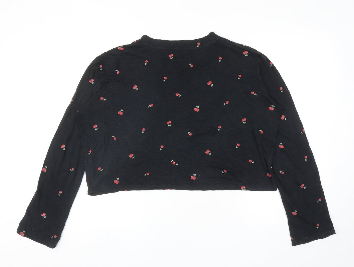 PINK Womens Black Geometric Cotton Cropped T-Shirt Size M Round Neck - Cherries