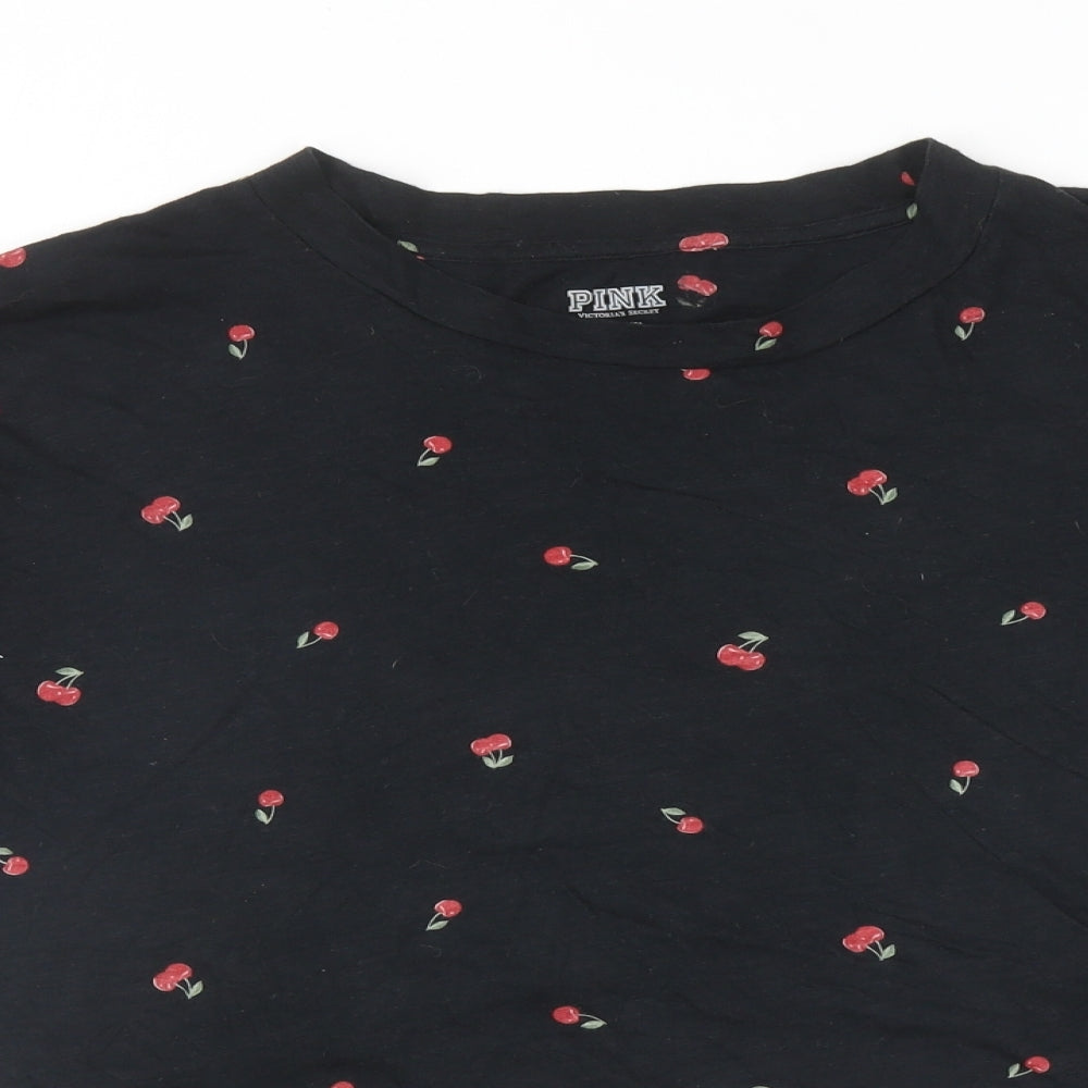 PINK Womens Black Geometric Cotton Cropped T-Shirt Size M Round Neck - Cherries