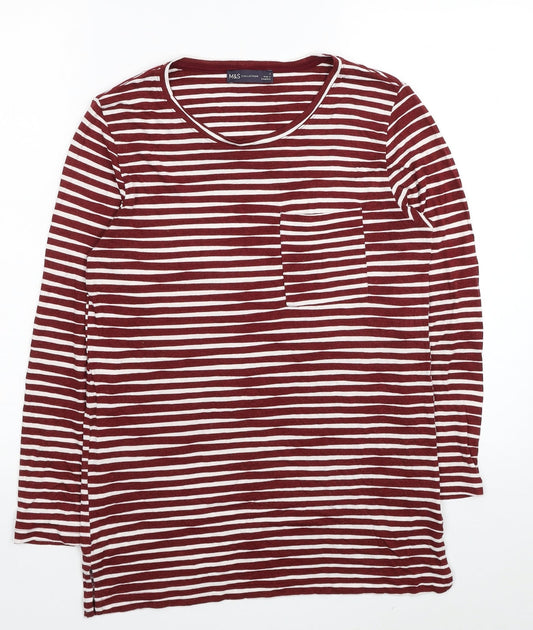 Marks and Spencer Womens Red Striped Viscose Tunic T-Shirt Size 8 Round Neck